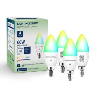 lot 4285 image: Lightinginside Matter Candelabra Smart Light Bulbs 60W Equivalent, Candle E12 LED Bulb Compatible with AlexaSiriApple HomeGoogle HomeSmartThings, RGBCW, 2.4G WiFi, ETL Listed, Hub Required, 4PCS