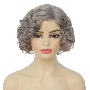 lot 4287 image: Amnenl Grey Short Curly Wig for Women Finger Wave Wigs Natural Heat Resistant Synthetic Hair for Daily Costume Party Halloween Wig