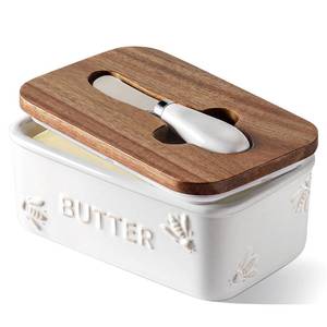 lot 5011 image: LE TAUCI Butter Dish with Lid for Countertop, Ceramic Butter Container, Embossed Butter Keeper with Acacia Wood lid, Knife, and Airtight Cover, Farmhouse Decor - Set of 1, Arctic White, Bee Pattern
