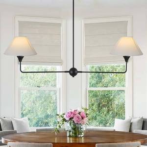 lot 5016 image: HuisMier Modern Linear Chandelier for Kitchen Island, 2-Light Black Linear Dining Room Light Fixture with Off-White Fabric Shade, Rustic Pendant Light for Dining Room, Restaurant, Living Room, Bedroom