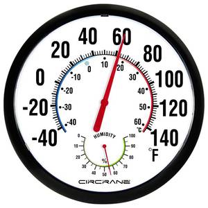 lot 5019 image: Circrane 13.25 Inch Round Thermometer with Hygrometer, Large Indoor Wall Patio Bimetal Weather Thermometer, No Battery Required, Black