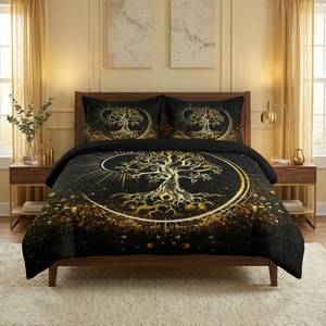 lot 5022 image: WeCozy King Size Comforter Set with 2 Pillowcases, Black Sun and Moon 3 Pcs Bedding for Kids and Adults, Nature Tree of Life Soft Comforter Set for Bedroom Bed Decor