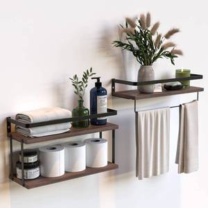 lot 5973 image: RICHER HOUSE 21 Tier Wall Mounted Floating Shelves Set of 2, Rustic Wood Shelf with Metal Frame, Extra Storage Rack for Bathroom, Kitchen, Bedroom with Tissue Rack and Towel Bar - Rustic Brown