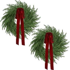 lot 5977 image: A2 Pack Christmas Wreath for Front Door, Artificial Pine Cedar Holiday Wreath with Red Bow, Winter Greenery Wreath for Indoor Outdoor Home Decoration