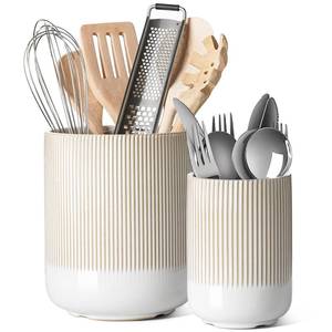 lot 5981 image: LE TAUCI Utensil Holder, 7.35.4in Ceramic Kitchen Utensil Holder for Countertop, Large Cooking Utensil Crocks Gift for Mom, Boho Farmhouse Kitchen Decor, Set of 2, Reactive Glaze Arctic Whitein