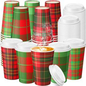 lot 5984 image: Hushee 150 Pcs Christmas Plaid Paper Cups 16 oz Disposable Coffee Cup with Lids Christmas Cups Coffee Bar Supplies for Hot Cocoa, Hot and Cold Drink Tea Holiday Party Supplies