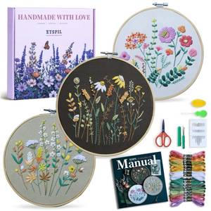 lot 6374 image: ETSPIL 3 Pack Beginner Embroidery Kits for Adults, DIY Starter Set with Stamped Flower Designs, Embroidery Hoop, Colorful Threads, Tools, Step-by-Step Instructions and Video Tutorial