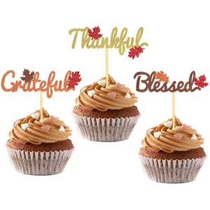lot 6386 image: A24 Pcs Fall Cupcake Toppers for Thanksgiving Day Decorations, Thankful Blessed Grateful Cake Topper for Party Supplies (Mixed C)
