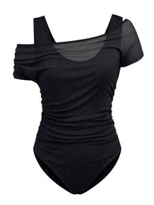 lot 6400 image: WDIRARA Womenfts Plus Size 2 in 1 Mesh Off Shoulder Bodysuit Ruched Short Sleeve Tee Top Black Large Plus