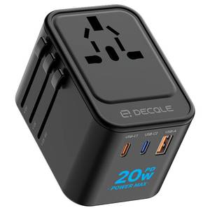 lot 6411 image: decqle Universal Travel Adapter, International Travel Plug Adapter with 2 USB-C(PD 20W)  1 USB-A Ports, All in One Portable Adaptor, for USA, UK, EU, AU  224 Countries (Black) US