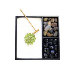 lot 6423 image: Naturefts Mark Mini Zen Garden Kit for Desk with Rake, White Sand, Lotus Figure, 3 Sections Black Square Base, River Rocks and Black Rocks (9Lx9W C)