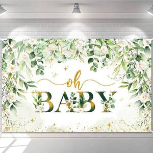 lot 6439 image: Avezano Greenery Boy Baby Shower Decorations Banner Floral Green Sage Oh Baby Backdrop Gold Glitter Greenery Leaves Gender Neutral Baby Shower Decorations (6x3.6ft)