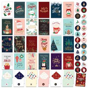 lot 6456 image: Decorably 24 Pack Foiled and Glittery 6x4in Assorted Box Christmas Cards with Envelopes and Stickers, 24 Festive Designs Christmas Card Set with Printed Message Inside