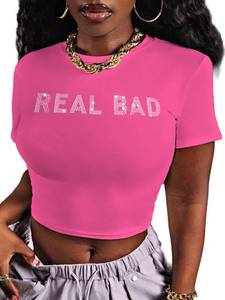 lot 6473 image: Womens Graphic Crop Top Short Sleeve Y2k Baby Tees Fairy Grunge Summer T-Shirt Letter Hot Pink Large