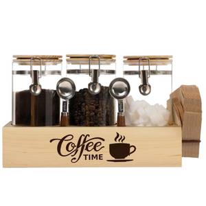 lot 7654 image: EQEY Glass Coffee Canister Set with Shelf and Spoons - 3 Piece Airtight Seal Coffee Bean Storage Containers and Filter Holder for Kitchen Organization