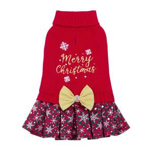 lot 8092 image: CuteBone Christmas Dog Sweater Dress Turtleneck Puppy Sweater with Bowtie Harness Hole Pullover Winter Dress for Small Dogs