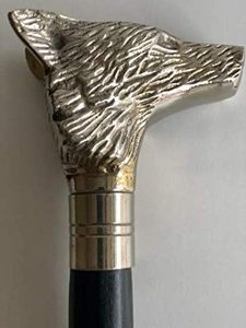 lot 8098 image: Victorian StyleWooden Walking Stick Wolf face Handle with Silver Chrome Finish