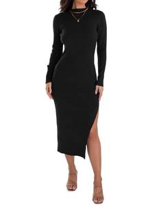 lot 8126 image: ZESICA Womenfts 2026 Ribbed Knit Dress Long Sleeve Mock Neck Slim Fit Side Slit Fall Elegant Sweater Dresses,Black,Medium