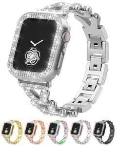 lot 8128 image: Rhinestones Encrusted Metal Bracelet and Case, Compatible with Apple Watch Bands 38mm-49mm (Series 101SEUltra 2)- Bling Gold Womenfts Jewelry Strap, Luxury iWatch Bracelet with Screen Protector