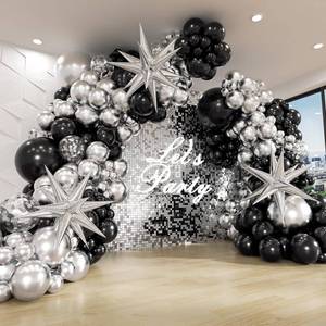 lot 8134 image: FOTIOMRG Black and Silver Balloons Garland Arch Kit with 3pcs Star Balloon, Metallic Sliver and Black Balloons for Birthday Graduation Baby Shower Disco New Years Party Decorations