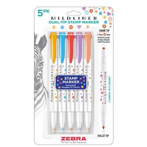 lot 8175 image: Zebra Pen Mildliner Dual-Tip Stamp Marker, Water-Based Pigment Ink, Bullet Tip on One Side and Assorted Shape Stamp Tips on the Other Side, Ideal for Journaling, Assorted Colors, 5-Pack (73305)
