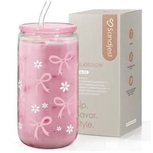lot 8178 image: SANDJEST Bow Glass Can, Bows Cup with Lid and Straw, Iced Coffee Aesthetic Cups, Idea Gift for Christmas Birthday Mother Day, Gifts for Women, 16oz