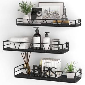lot 9272 image: Amaoot Floating Shelves Set of 3, Home Wood Wall Shelf, Farmhouse Shelf for Bedroom, Wall Mounted Floating Shelf for Living Room, Bedroom, Bathroom, Kitchen, Office (Black 2)