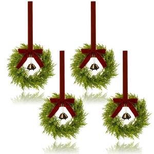 lot 9273 image: 4Pcs Mini Christmas Wreath, 12 Inch Small Wreaths for Kitchen Cabinets, with Deep Red Bow Vintage Bells Pine and Cypress Leaves for Fireplace Window Farmhouse Indoor Home Decorations