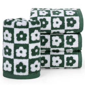 lot 9289 image: Jacquotha Cotton Hand Towels Green Checkered Floral - Quick Drying Hand Towel Set of 4, for Christmas Bathroom Decor, 29� x 13�