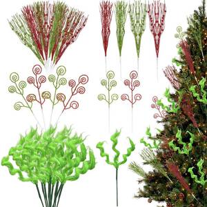 lot 9295 image: Knitgrip 24 Pcs Christmas Tree Toppers, Green Furry Christmas Picks Toppers Red Green Artificial Glitter Curly Berry Candy Sprays Ornaments Stems for Xmas Home Vase Filler Wedding Garland Decoration
