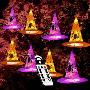 lot 9304 image: Twinkle Star 8 Pcs Lighted Hanging Witch Hats, Halloween Decorations Lighted Witch Hats with Remote Control String Lights, Battery Powered with 8 Lighting Modes for Garden, Yard, Tree