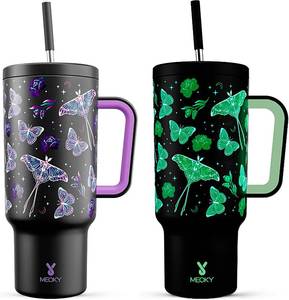 lot 9314 image: Meoky 40 oz Glow in the Dark Tumbler with Handle and Straw, Tumbler with Lid and Straw, Insulated Stainless Steel Travel Mug, 100percent Leak-proof, Keeps Cold for 34 Hours (Butterfly)