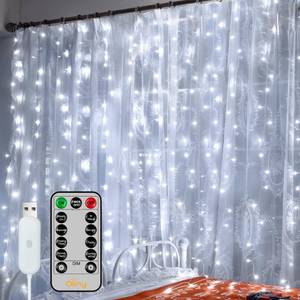 lot 10353 image: Ollny Curtain Lights 6.6x6.6ft, 200 LED White Christmas Lights with Remote 8 Modes Dimmable Timer, USB Power String Light for Bedroom Backdrop Indoor Window Wedding Decorations