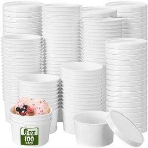 lot 13723 image: Fulmoon 100 Pack Paper Soup Containers with Lids Disposable Paper Food Containers with Vented Lid Kraft Ice Cream Cake Dessert Cups Soup Bowl for Party Hot Food Fruit Microwave(6 oz,White)