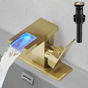 lot 13726 image: Hoimpro LED Waterfall Bathroom Faucet Brushed Gold, Single Handle Bathroom Sink Faucet 1 Hole, 3 Colors Light Changing, with Pop-up Drain and cUPC Supply Lines, Stainless Steel