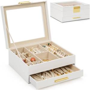 lot 13728 image: AKOZLIN 2-Tier Jewelry Box with Clear Glass Lid Functional Leather Jewelry Storage Organizer Case 1 Drawers for Women Girls Necklace Ring Bracelet Earring White