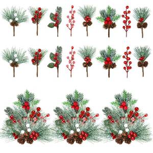 lot 13761 image: Christmas Decorations - 40 Packs Snow Artificial Christmas Picks Red Berry Stems Sprays Faux Cedar Holly Pine Needles Branches Christmas Tree Picks for Xmas Winter Holiday DIY Crafts Wreath Tree