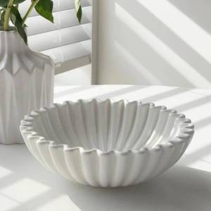 lot 13765 image: KULEDM Large Decorative Bowl Home Decor - 10in Ceramic White Scalloped Ruffle Fruit Bowl for Kitchen Counter, Dishwasher and Microwave Safe