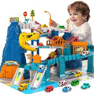 lot 13769 image: MSKOLER Dinosaur Race Car Tracks for Toddlers 2-4 Years, Dinosaur Climbing Hills Railcar, Toy Car Track Play Set with 7 Small Race Cars, Preschool Birthday Gifts for 3 4 5 6 7 8 Year Old Boys Girls
