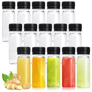 lot 13772 image: Xuyyicao 30 Pcs 2 Oz Small Plastic Bottles for Liquids,Ginger Shot Bottle with Lids,Reusable Bulk Beverage Containers for Juice,Liquor,Potion,Wellness,DIY,Wedding,Party,Travel(Black Cap)
