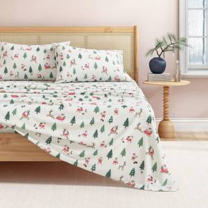 lot 13776 image: Great Bay Home Christmas Flannel Sheet Set Queen Size - 100percent Turkish Cotton, Double-Brushed, Winter Bed Sheets - Ultra-Soft, Cozy, 4-Piece Holiday Bedding Set (Santa)