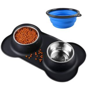 lot 14158 image: Bonve Pet Double Dog Food Bowls Stainless Steel and Water Dish with No-Spill and Non-Slip Silicone Mat, Removable Puppy Feeder Bowls for Small Medium Size Cat Dogs Kitten,14oz