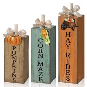 lot 14164 image: GlikCeil 3 Pcs Thanksgiving Table Decor Fall Table Centerpiece Decorations Square Wood Thanksgiving Block Sign with Wooden Plaque and Bows for Home Autumn Harvest Party Desk Kitchen Decor(Pumpkin)