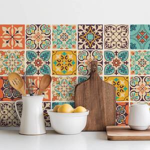 lot 14168 image: meihea Vintage Moroccan Bohemian Tile Stickers 30 PC Pack - Self-Adhesive PVC Waterproof Wall Decals Kitchen Bathroom Backsplash Decor - 4x4 Inch