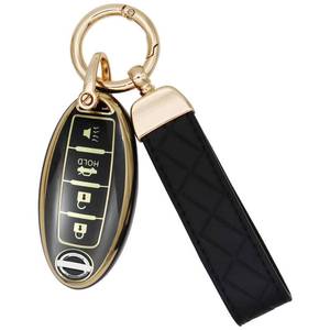 lot 14200 image: SUNCARACCL for Nissan Key Fob Cover with Leather Keychain, Soft TPU Full Cover Protection Key Case for Altima Maxima Rogue Armada Pathfinder Smart Key(Black)