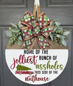 lot 14224 image: Christmas Welcome Wreath Decorations, Funny Christmas Hanging Sign for Front Door, Wooden Door Wreath with Bow for Holiday Rustic Farmhouse Outdoor Wall Window Decor (Style A)
