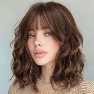 lot 14242 image: AISI HAIR Brown Mix Copper Synthetic Wavy Curly Bob Wig with Bangs Short Wavy Hair for Women Synthetic Heat Resistant Bob Wigs