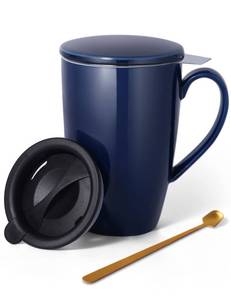 lot 14257 image: YumKubis Tea Cup with Infuser and Lid, 17 oz Large Tea Infuser Mug with 2 Lids, Ceramic Teacups for Women, Men, Kids, Loose Leaf, Gifts