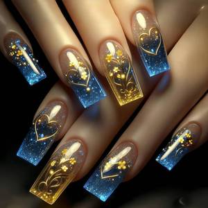 lot 14274 image: EYZOTSF Press on Nails Long Coffin Shaped Acrylic Square False Nails with Designs Artificial Extra Long Length Coffin Fake Nails with Charms Glue Stick ons Fingernails for Women Girls(Y485)