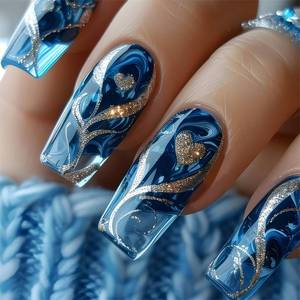 lot 14279 image: Long Press on Nails Blue Coffin Fake Nails Gold Glitter False Nails Long Ballerina Glue on Nail Glossy Acrylic Artificial Nail 24Pcs Full Cover Stick on Nails for Women Manicure